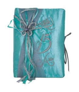 Aqua and Silver 5 Piece Quinceanera Set Mis Quince Set with Kneeling Pillow, Tiara Pillow, Guestbook, Photo Album, Spanish Bible, My Sweet 15 Decorations