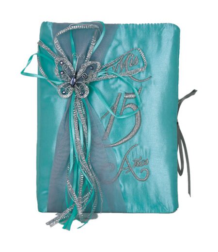 Aqua and Silver 5 Piece Quinceanera Set Mis Quince Set with Kneeling Pillow, Tiara Pillow, Guestbook, Photo Album, Spanish Bible, My Sweet 15 Decorations