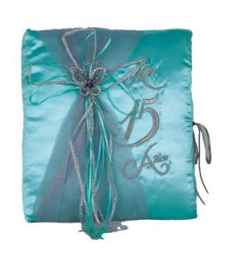 Aqua and Silver 5 Piece Quinceanera Set Mis Quince Set with Kneeling Pillow, Tiara Pillow, Guestbook, Photo Album, Spanish Bible, My Sweet 15 Decorations