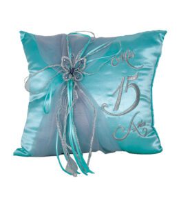 Aqua and Silver 5 Piece Quinceanera Set Mis Quince Set with Kneeling Pillow, Tiara Pillow, Guestbook, Photo Album, Spanish Bible, My Sweet 15 Decorations