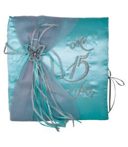 Aqua and Silver 5 Piece Quinceanera Set Mis Quince Set with Kneeling Pillow, Tiara Pillow, Guestbook, Photo Album, Spanish Bible, My Sweet 15 Decorations