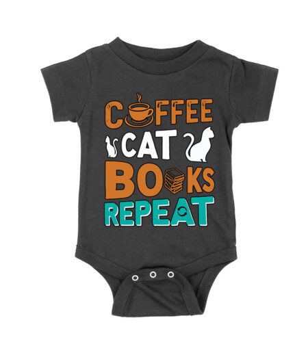 Coffee Cat Books Repeat T-Shirt - Cozy Book Lover Tee for Readers, Cat Owners, Caffeine Addicts, Literary Fans, and Relaxation Enthusiasts Unisex Baby Jersey – Viva Party