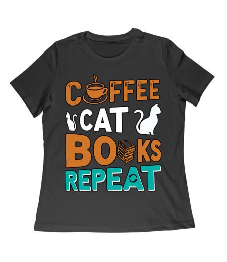 Coffee Cat Books Repeat T-Shirt - Cozy Book Lover Tee for Readers, Cat Owners, Caffeine Addicts, Literary Fans, and Relaxation Enthusiasts Women Relaxed – Viva Party