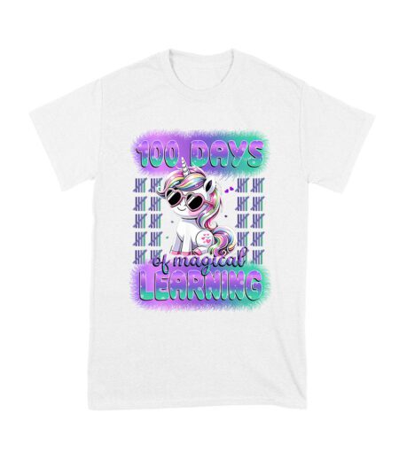 100 Days of Magical Learning Unicorn T-Shirt, Cute 100th Day of School Shirt, Fun Fantasy School Celebration Outfit for Kids and Teachers Unisex Youth