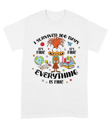 I Survived 100 Days of School T-Shirt, Funny Everything is Fine Shirt, 100th Day Celebration Outfit for Kids, Teachers, and Students Unisex Adult