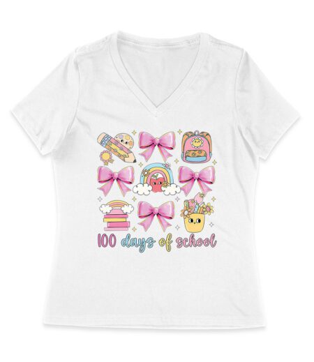 100 Days of School T-Shirt, Fun 100th Day Celebration Shirt, Cute Classroom Outfit for Kids, Teachers, and Students Women Jersey V-Neck