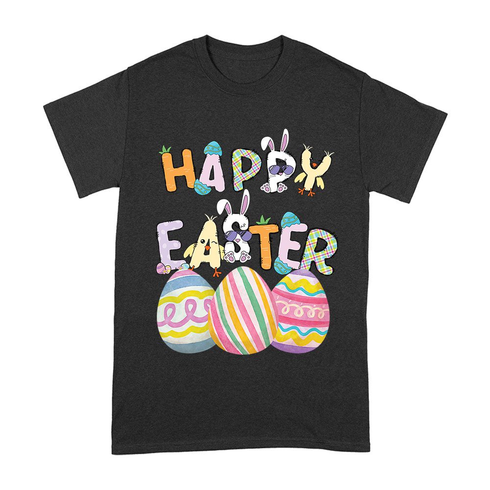 East-01_A-Black.jpg Happy Easter T-Shirt - Cute Bunny, Colorful Eggs &Amp;Amp; Spring Holiday Outfit For Men, Women &Amp;Amp; Kids Unisex Adult – Viva Party
