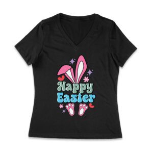 Happy Easter T-Shirt - Cute Bunny, Colorful Eggs & Spring Holiday Celebration Outfit for All Ages Women Jersey V-Neck – Viva Party