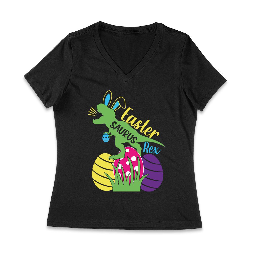 East-08_Wvn-Black.jpg Easter Saurus Rex T-Shirt - Funny Dinosaur Easter Egg Hunt Outfit For Kids &Amp;Amp; Boys Women Jersey V-Neck – Viva Party