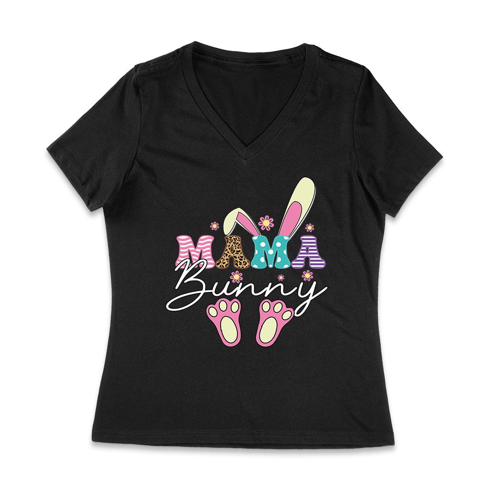 East-09_Wvn-Black.jpg Mama Bunny T-Shirt - Cute Easter Outfit For Moms, Spring Holiday &Amp;Amp; Egg Hunt Celebration Women Jersey V-Neck – Viva Party