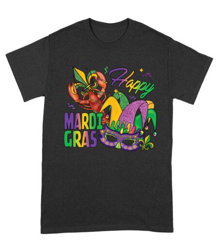 Happy Mardi Gras T-Shirt - Vibrant Carnival Design with Lobster, Jester Hat, Mask, and Festive Beads for New Orleans Party Fun Unisex Adult – Viva Party