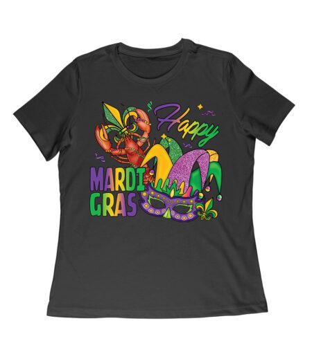 Happy Mardi Gras T-Shirt - Vibrant Carnival Design with Lobster, Jester Hat, Mask, and Festive Beads for New Orleans Party Fun Women Relaxed – Viva Party