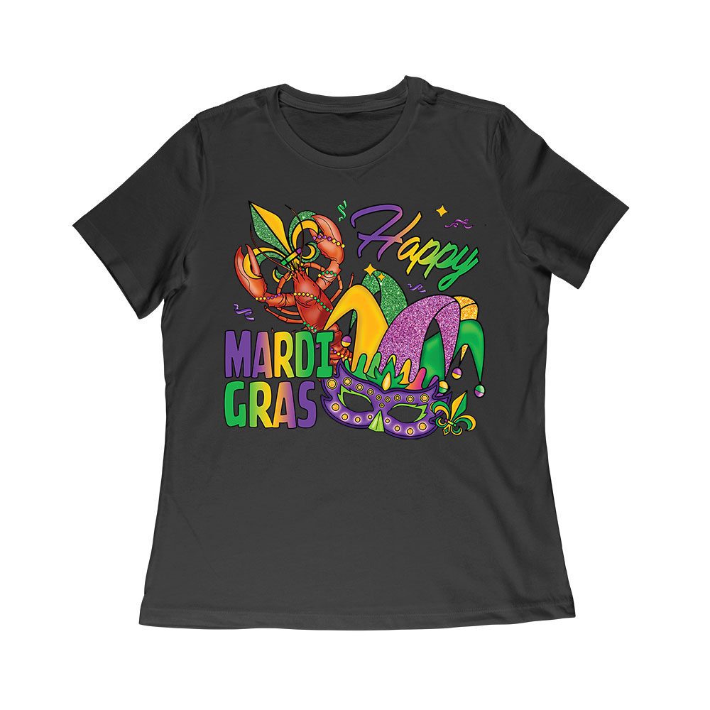 Mart-02_Wr-Black.jpg Happy Mardi Gras T-Shirt - Vibrant Carnival Design With Lobster, Jester Hat, Mask, And Festive Beads For New Orleans Party Fun Women Relaxed – Viva Party