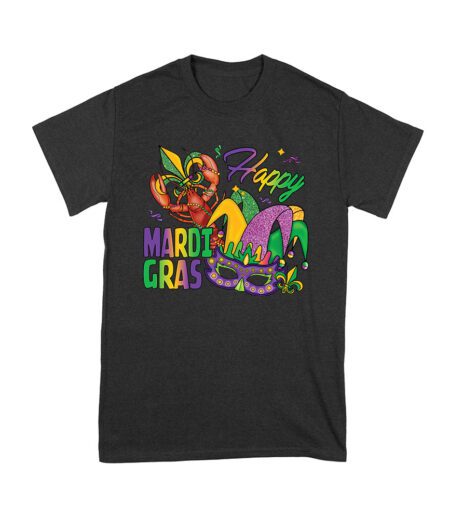 Happy Mardi Gras T-Shirt - Vibrant Carnival Design with Lobster, Jester Hat, Mask, and Festive Beads for New Orleans Party Fun Unisex Youth – Viva Party