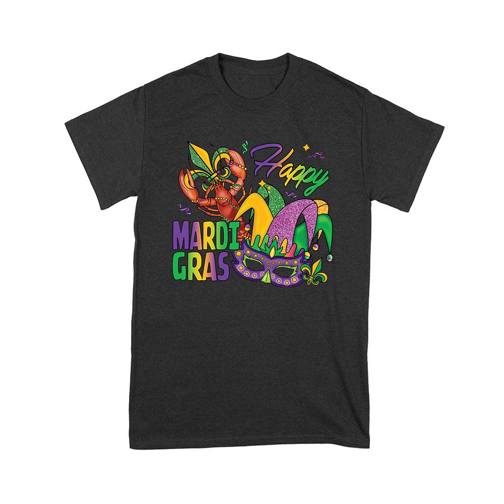 Mart-02_Y-Black.jpg Happy Mardi Gras T-Shirt - Vibrant Carnival Design With Lobster, Jester Hat, Mask, And Festive Beads For New Orleans Party Fun Unisex Youth – Viva Party