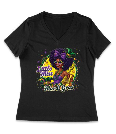 Little Miss Mardi Gras T-Shirt - Cute Glitter-Inspired Design for Girls, Fun Carnival Outfit, Festive New Orleans Party Wear Women Jersey V-Neck – Viva Party