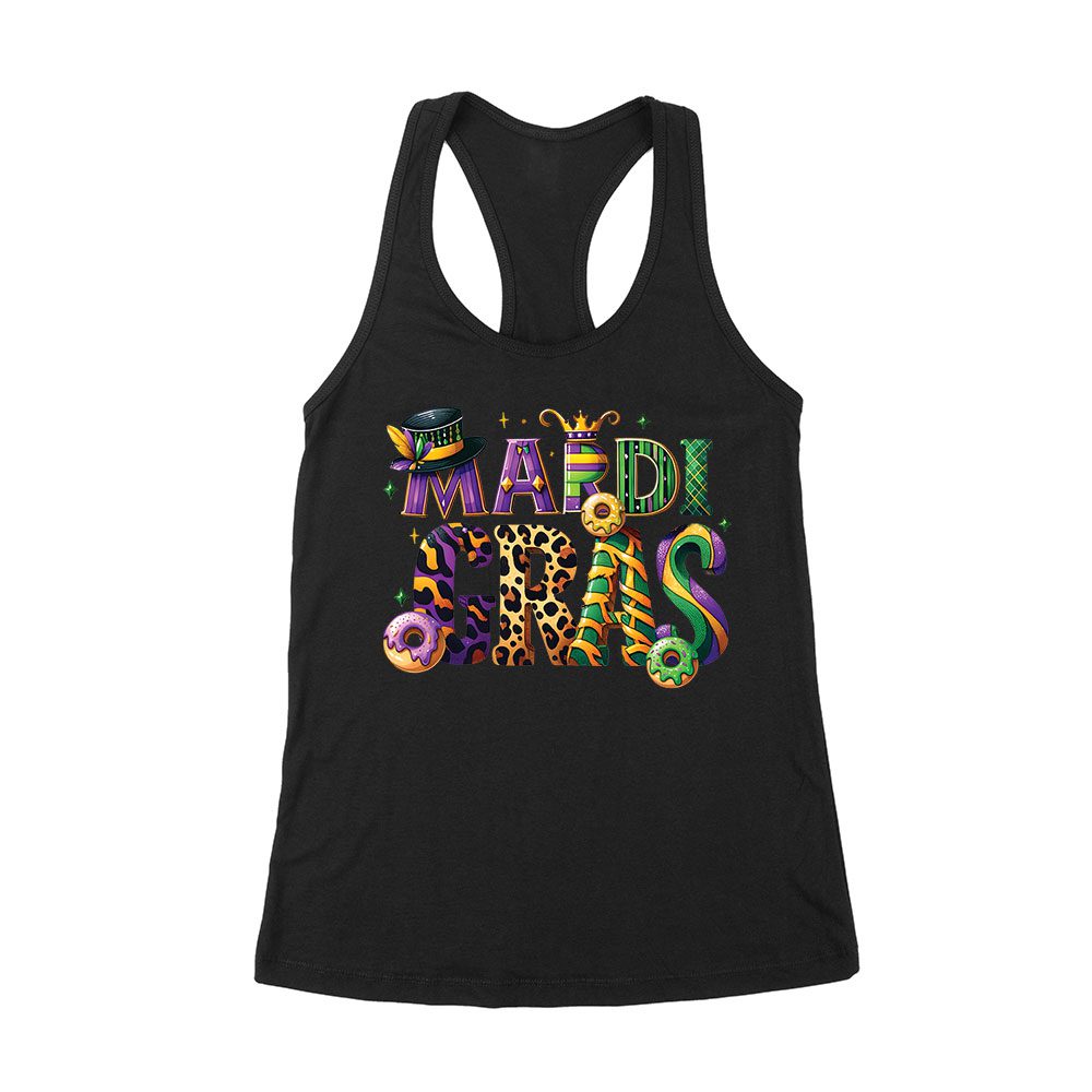 Mart-05_Wrtt-Black.jpg Mardi Gras T-Shirt - Festive Magic Hat Design, Colorful Carnival Party Outfit, Fun New Orleans Celebration Attire Women'S Racerback Tank Top – Viva Party