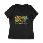 Peace Love Mardi Gras T-Shirt - Vibrant Carnival Design for Fun Celebrations, Perfect for Parades, Parties & Festive Occasions Women Jersey V-Neck – Viva Party