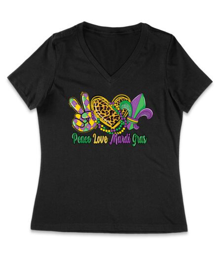 Peace Love Mardi Gras T-Shirt - Vibrant Carnival Design for Fun Celebrations, Perfect for Parades, Parties & Festive Occasions Women Jersey V-Neck – Viva Party