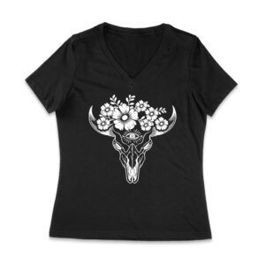 Rodeo Cow Skull T-Shirt - Western Floral Skull Graphic Tee - Vintage Country Rodeo Shirt - Rustic Cowboy Cowgirl Outfit for Men & Women Women Jersey V-Neck – Viva Party