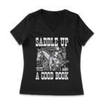 Saddle Up with a Good Book Rodeo T-Shirt - Western Cowgirl Reading Graphic Tee - Vintage Country Horse Riding Shirt for Book Lovers & Rodeo Fans Women Jersey V-Neck – Viva Party