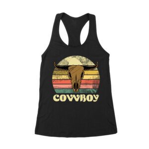 Cowboy Bull Skull T-Shirt - Western Outlaw Graphic Tee - Bold Longhorn Design - Wild West Style for Rodeo & Cowboy Fans Women's Racerback Tank Top – Viva Party