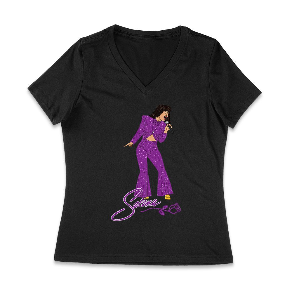 Selt-05_Wvn-Black.jpg Selena In Singing Action Shirt - 90S Retro Music Fan Tee - Latina Legend Tribute Gift Women Jersey V-Neck – Viva Party