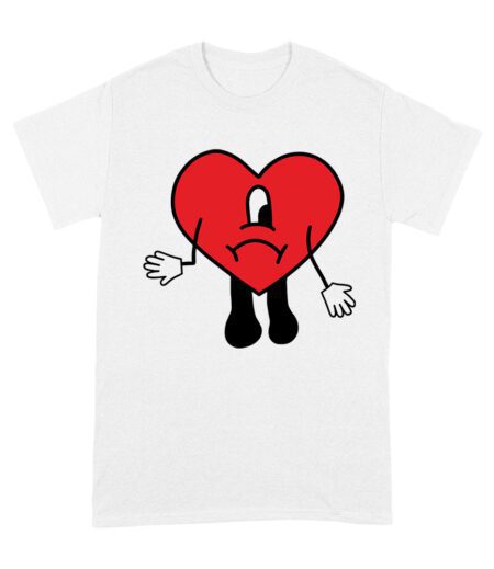 Bad-Bunny Red-Heart Sad Cartoon Character T-Shirt with Tropical Island and Sunset Design Unisex Adult