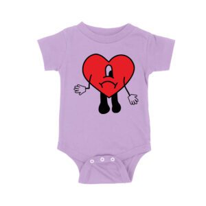 Bad-Bunny Red-Heart Sad Cartoon Character T-Shirt with Tropical Island and Sunset Design Unisex Baby Jersey