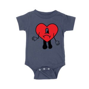 Bad-Bunny Red-Heart Sad Cartoon Character T-Shirt with Tropical Island and Sunset Design Unisex Baby Jersey