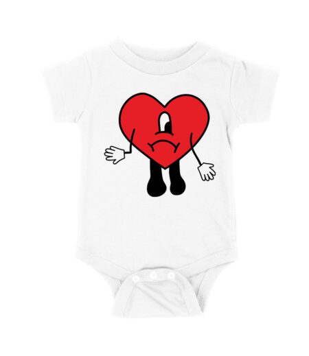 Bad-Bunny Red-Heart Sad Cartoon Character T-Shirt with Tropical Island and Sunset Design Unisex Baby Jersey