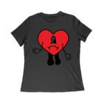 Bad-Bunny Red-Heart Sad Cartoon Character T-Shirt with Tropical Island and Sunset Design Women Relaxed – Viva Party