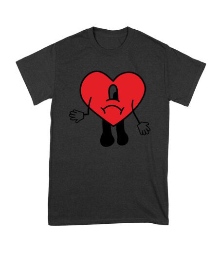 Bad-Bunny Red-Heart Sad Cartoon Character T-Shirt with Tropical Island and Sunset Design Unisex Youth – Viva Party