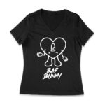 Bad-Bunny Heart Character with Sad Expression ? Colorful Island Background Art Inspired by Music Vibes Women Jersey V-Neck – Viva Party