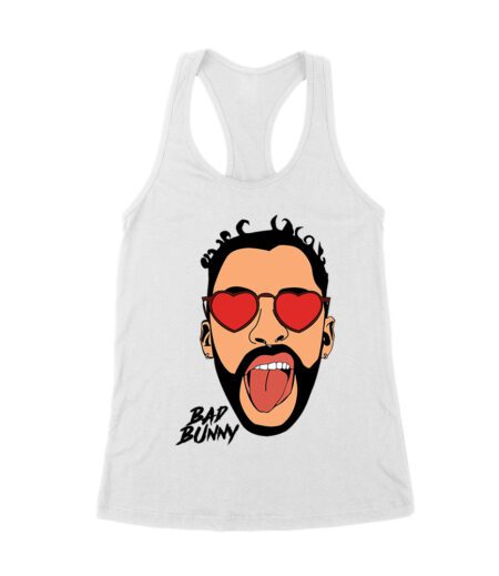 Bad-Bunny Cartoon Face with Sunglasses and Hat ? Latin Trap Music Pop Art Illustration Women's Racerback Tank Top