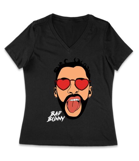 Bad-Bunny Cartoon Face with Sunglasses and Hat ? Latin Trap Music Pop Art Illustration Women Jersey V-Neck – Viva Party