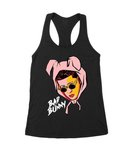 Bad-Bunny Cartoon Style Wearing a Bunny Hood with Streetwear Vibes Women's Racerback Tank Top – Viva Party