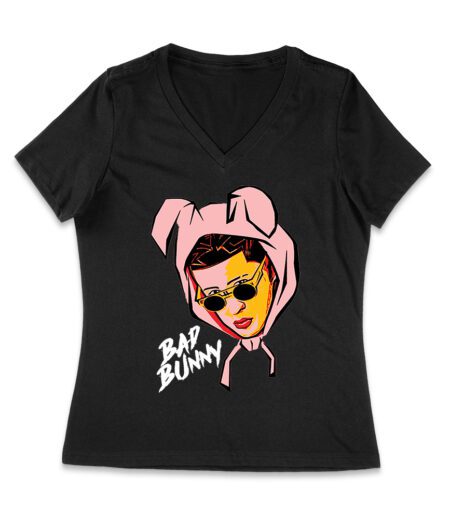 Bad-Bunny Cartoon Style Wearing a Bunny Hood with Streetwear Vibes Women Jersey V-Neck – Viva Party