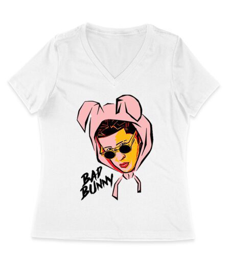 Bad-Bunny Cartoon Style Wearing a Bunny Hood with Streetwear Vibes Women Jersey V-Neck