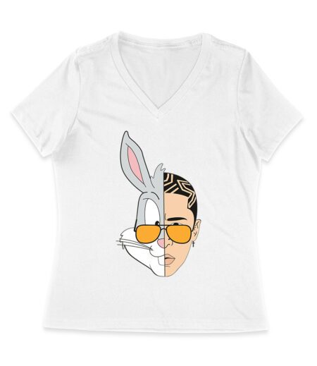 Bad-Bunny Half Bunny Half Human Face ? Unique Split Design T-Shirt for Music Fans Women Jersey V-Neck