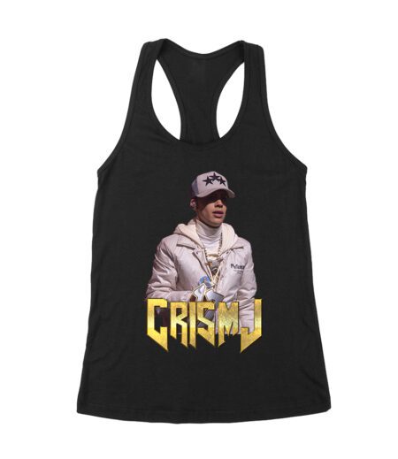Cris-MJ in White Jacket with Bold Gold Logo Women's Racerback Tank Top – Viva Party