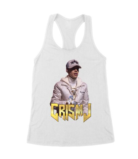 Cris-MJ in White Jacket with Bold Gold Logo Women's Racerback Tank Top