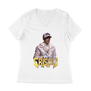 Cris-MJ in White Jacket with Bold Gold Logo Women Jersey V-Neck