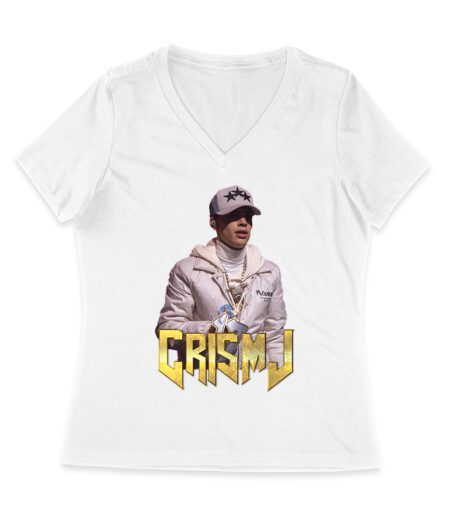 Cris-MJ in White Jacket with Bold Gold Logo Women Jersey V-Neck