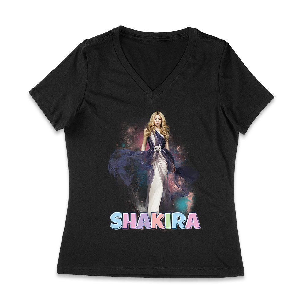 Skr-02_Wvn-Black.jpg Shakira Retro Pop Diva Art - Vibrant Music Queen Design For True Fans Women Jersey V-Neck – Viva Party