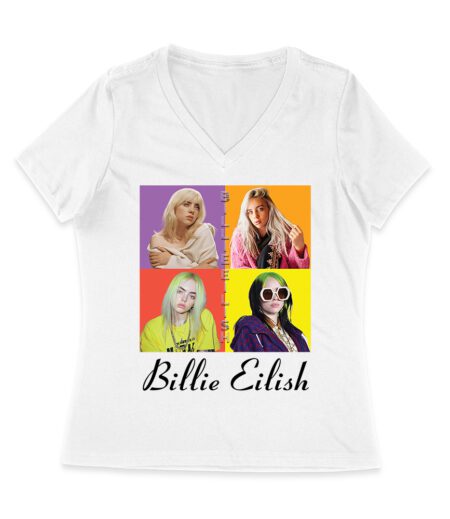 Color Pop Billie Eilish Portrait T-Shirt for Artistic Music Fans Women Jersey V-Neck