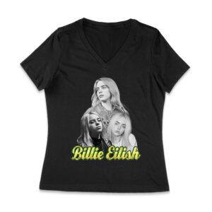 Billie Eilish Black-and-White Emotional Portrait T-Shirt for True Fans Women Jersey V-Neck – Viva Party