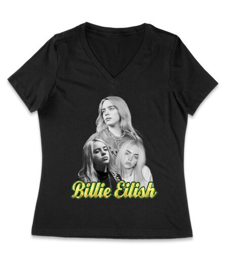 Billie Eilish Black-and-White Emotional Portrait T-Shirt for True Fans Women Jersey V-Neck – Viva Party