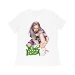 Urban Style Billie Eilish Sitting Pose Green Graffiti T-Shirt Women Relaxed