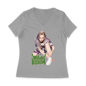 Urban Style Billie Eilish Sitting Pose Green Graffiti T-Shirt Women Jersey V-Neck
